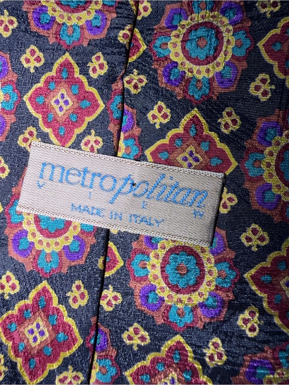 Men's Patterned Silk Tie in Navy with Multicolor Medallions